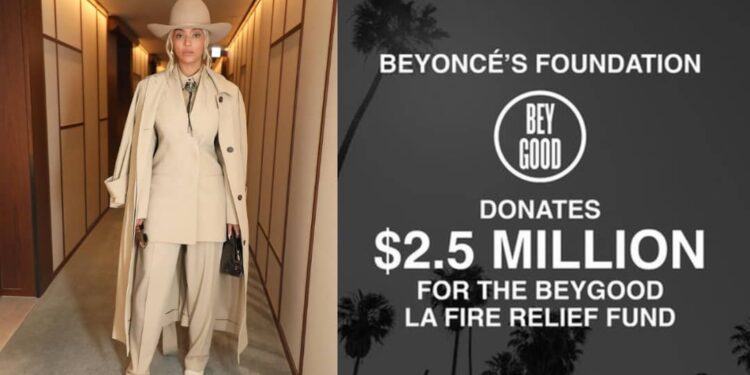 Bey Good Foundation ya Beyoncé yatanze inkunga ya miliyari 3,4 Frw mu gusana ibyangijwe n’inkongi y’umuriro i Los Angeles